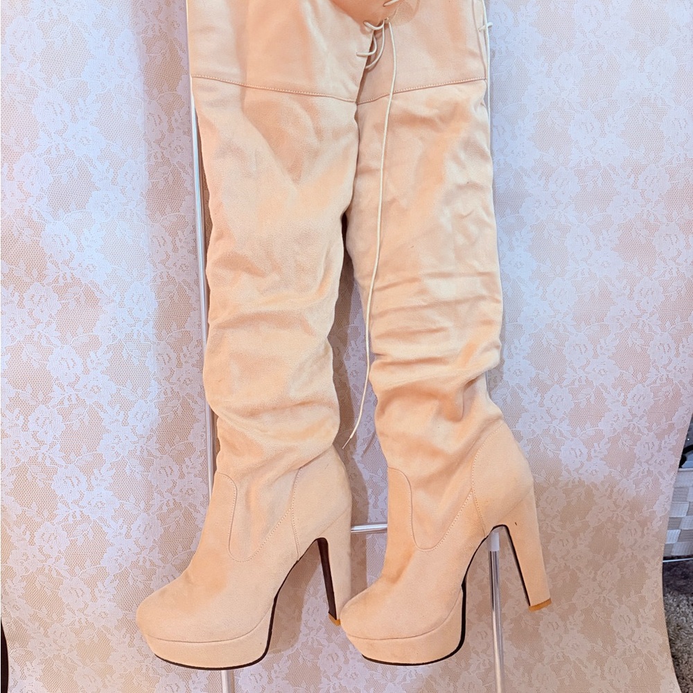 Tall Over-the-Knee Platform Boots in Cream Suede